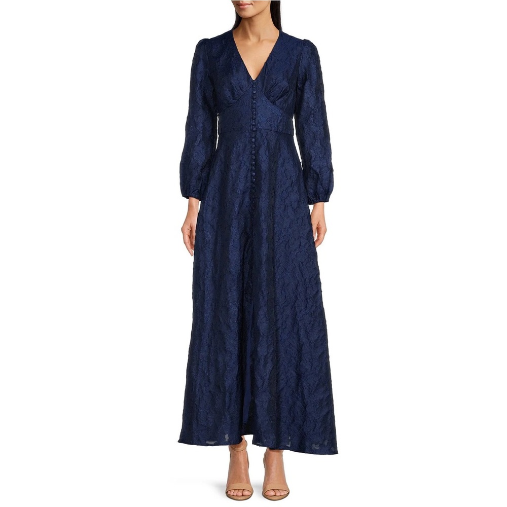 NWT Abbey Glass Brooke Organza V-Neck Button Front A-Line Maxi Dress Navy Sz XS - Picture 4 of 12